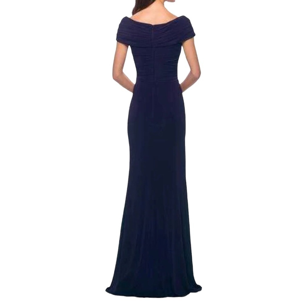 La Femme Off The Shoulder V Neck Long Sheath Gown Dress Blue Size 10 Formal - Picture 2 of 9